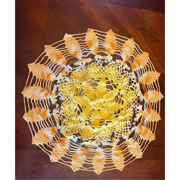 Handmade 16” doily orange yellow spiral retro inspired 70’s - Picture 2 of 4